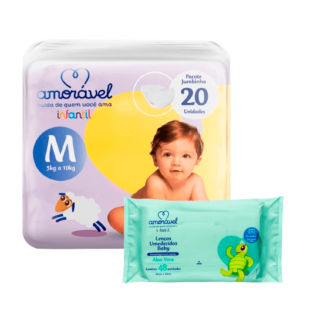 Kit Amorável Fralda M 20uni + Lenço Umedecido Baby Aloe Vera 48uni