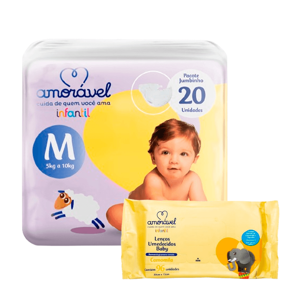 Kit Amorável Fralda M 20uni + Lenço Umedecido Baby Camomila 48uni