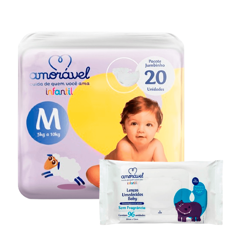 Kit Amorável Fralda M 20uni + Lenço Umedecido Baby Sem Fragrância 48uni