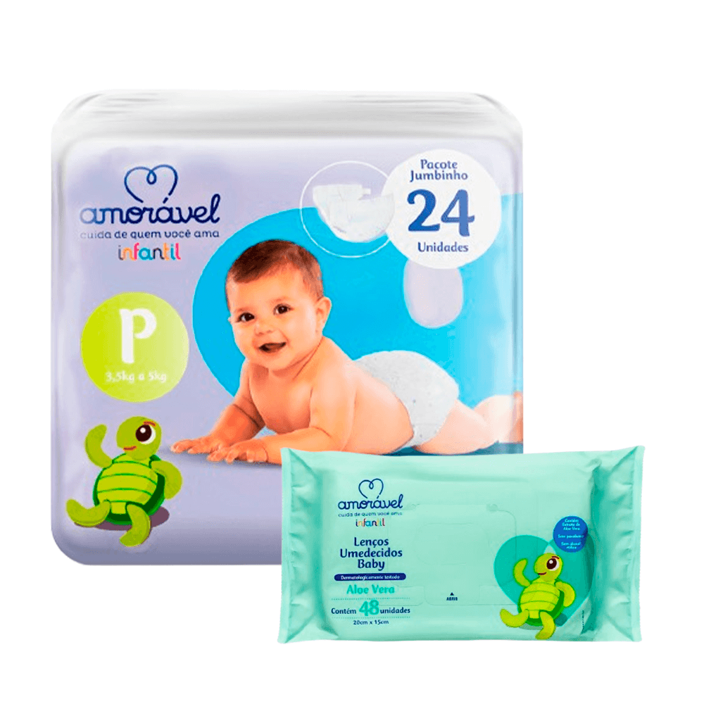 Kit Amorável Fralda P 24uni + Lenço Umedecido Baby Aloe Vera 48uni