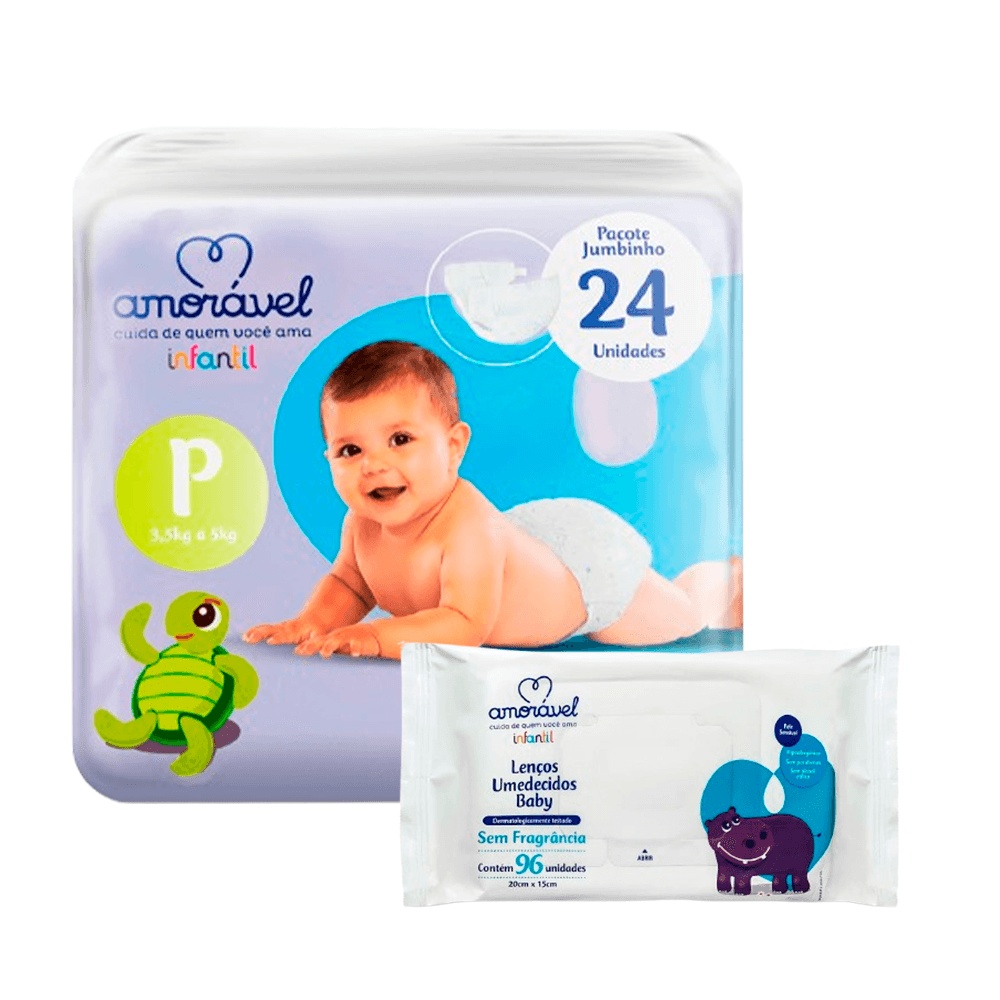 Kit Amorável Fralda P 24uni + Lenço Umedecido Baby Sem Fragrância 48uni