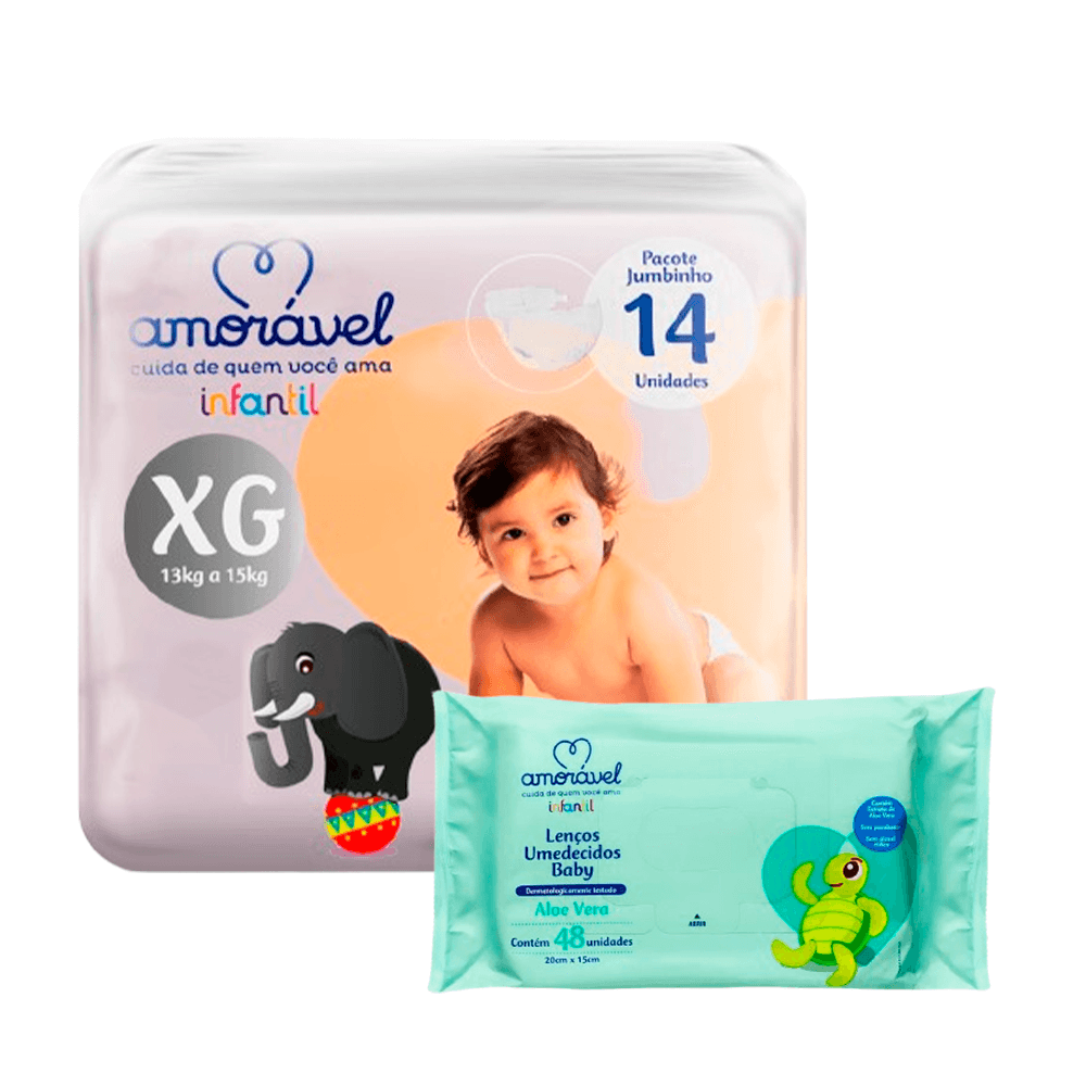 Kit Amorável Fralda XG 14uni + Lenço Umedecido Baby Aloe Vera 48uni
