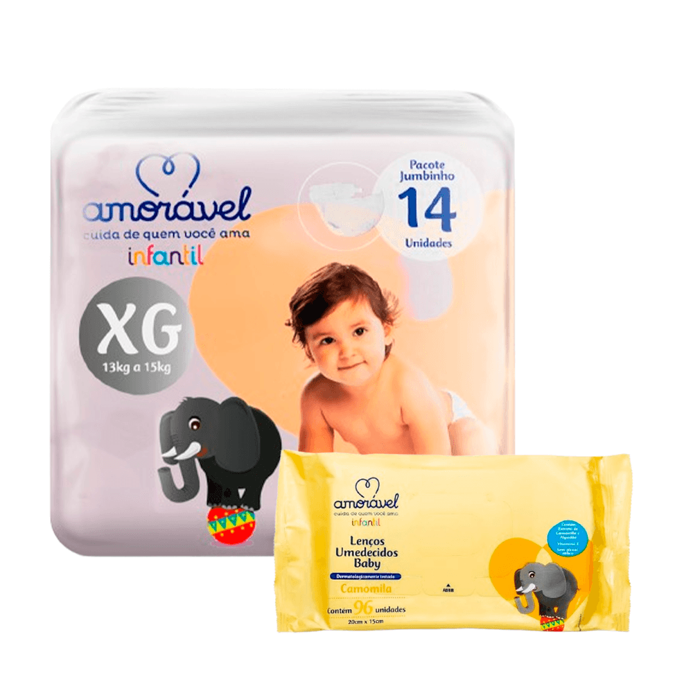 Kit Amorável Fralda XG 14uni + Lenço Umedecido Baby Camomila 48uni
