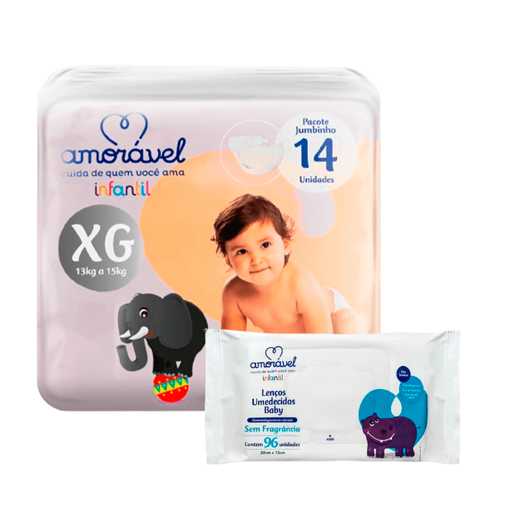 Kit Amorável Fralda XG 14uni + Lenço Umedecido Baby Sem Fragrância 48uni