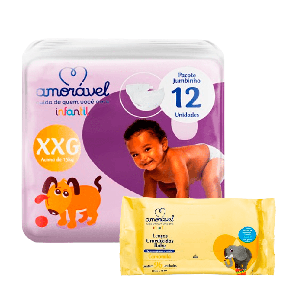 Kit Amorável Fralda XXG 12uni + Lenço Umedecido Baby Camomila 48uni