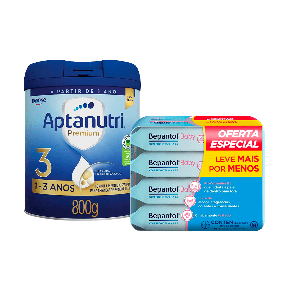Kit Aptanutri & Bepantol Fórmula Infantil Premium 3 800g + Lenços Umedecidos Sem Fragrância Hipoalergênico com Pró-Vitamina B5 48 Unidades