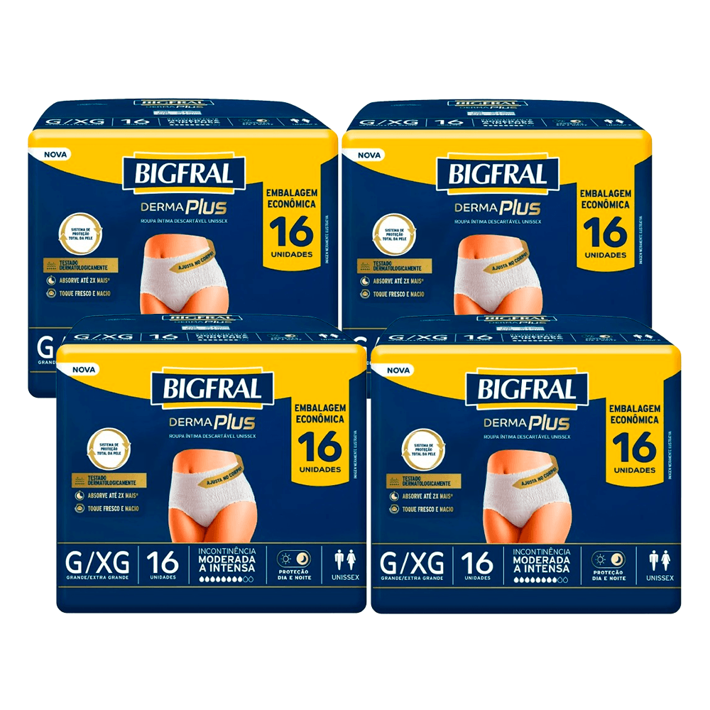 Kit Bigfral Roupa Íntima Descartável Derma Plus Incontinência Urinária Moderada a Intensa G/XG 4 Pacotes 16 Unidades Cada