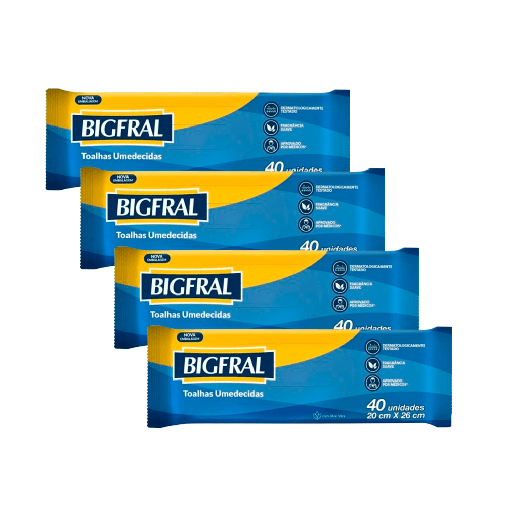Kit Bigfral Toalha Umedecida Fragrância Suave 4 Pacotes 40 Unidades Cada