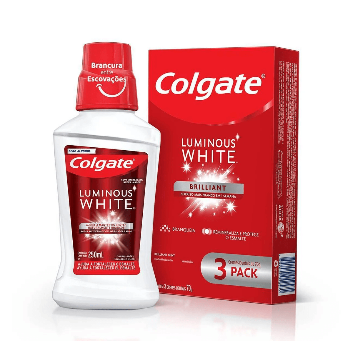 Kit Colgate Creme Dental Clareador Luminous White Sabor Brilliant Mint 70g 3 Uni + Enxaguante Bucal Clareador 250ml 1 Uni