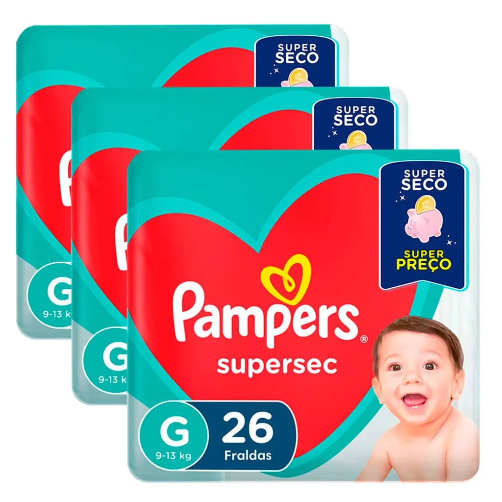 Kit com 3 Fraldas Pampers Supersec Pacotão Econômico G - 78 Tiras