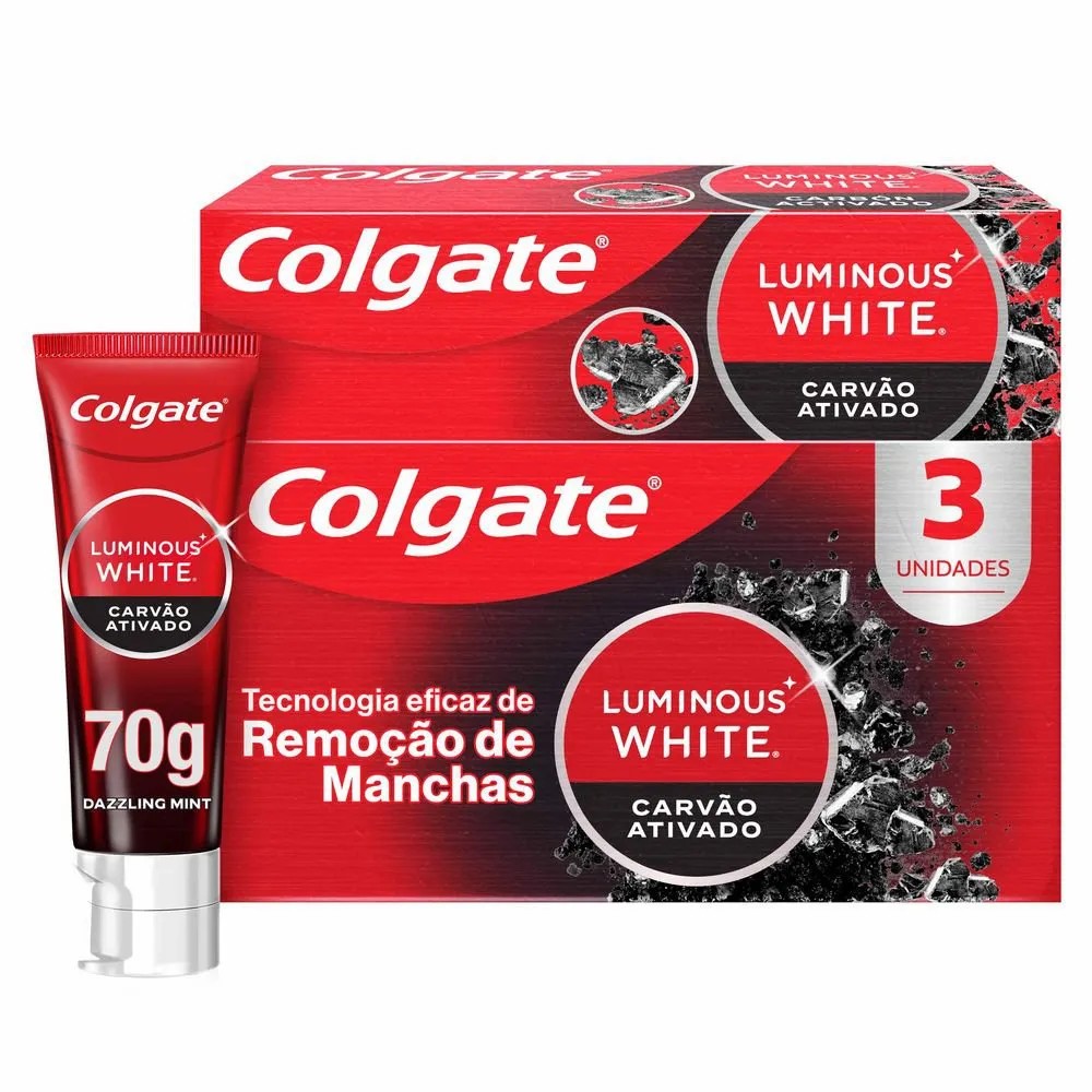 Kit Creme Dental Colgate Luminous White Carvão Ativado Clareador 70g 3 Unidades