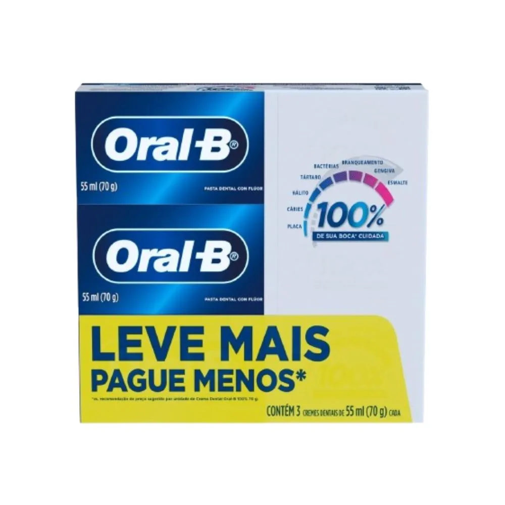 Kit Creme Dental Oral-B 100% de Sua Boca Cuidada Sabor Menta Refrescante 70g 3 Unidades