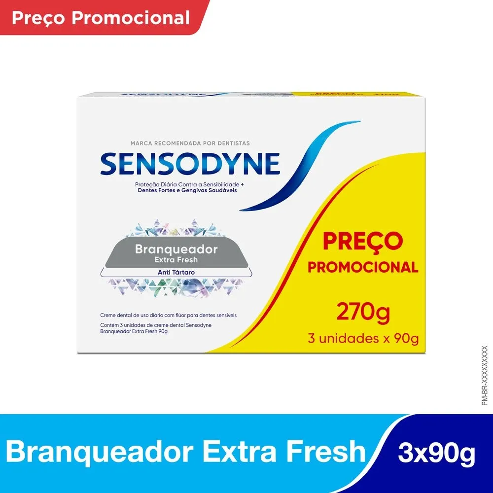 Kit Creme Dental Sensodyne Branqueador Extra Fresh Anti Tártaro para Dentes Sensíveis 90g 3 Unidades