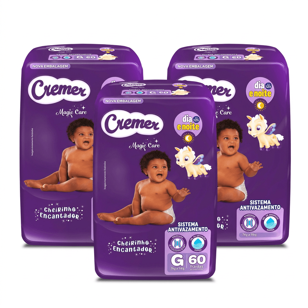 Kit Cremer Magic Care Dia e Noite Fralda Descartável G 3 Pacotes 60 Uni Cada