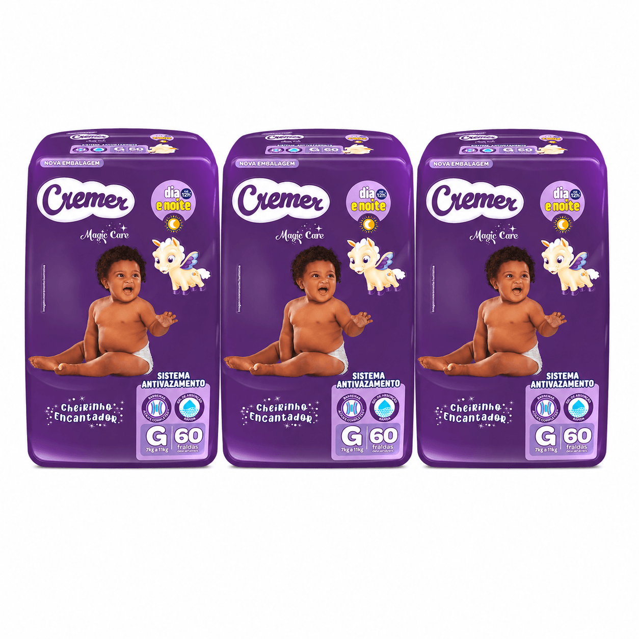 Kit Cremer Magic Care Dia e Noite Fralda Descartável G 60 Uni 3 Pacotes Cada.