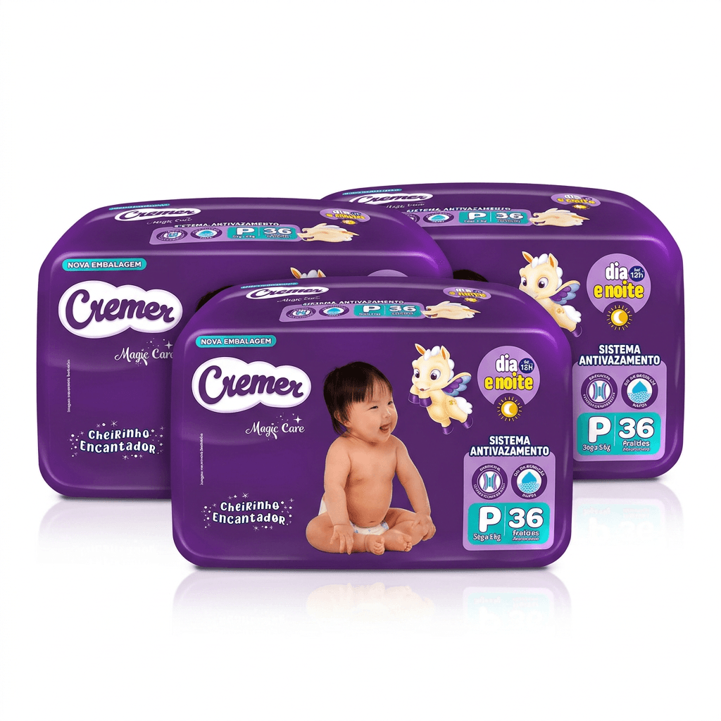 Kit Cremer Magic Care Dia e Noite Fralda Descartável P 3 Pacotes 36 Uni Cada