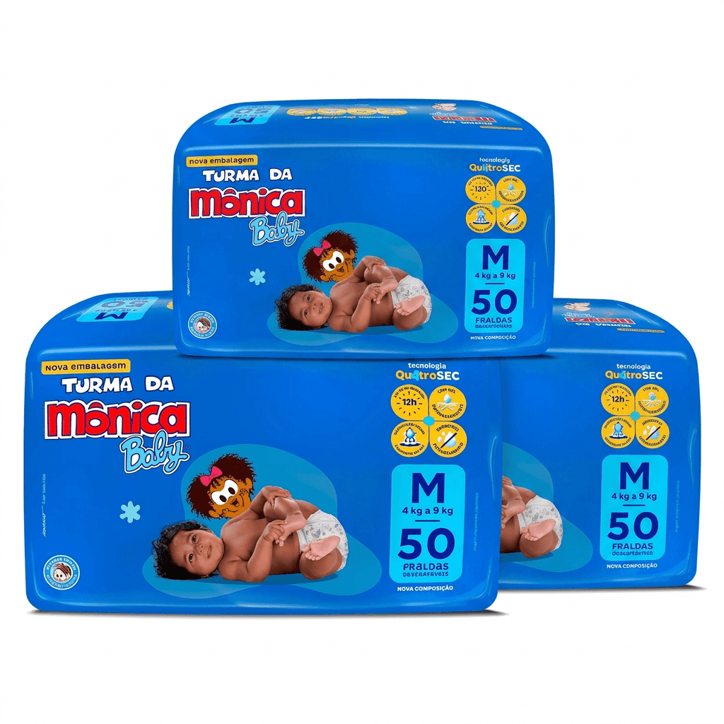 Kit Cremer Turma da Mônica Baby Fralda Descartável Mega M 3 Pacotes 50 Uni Cada
