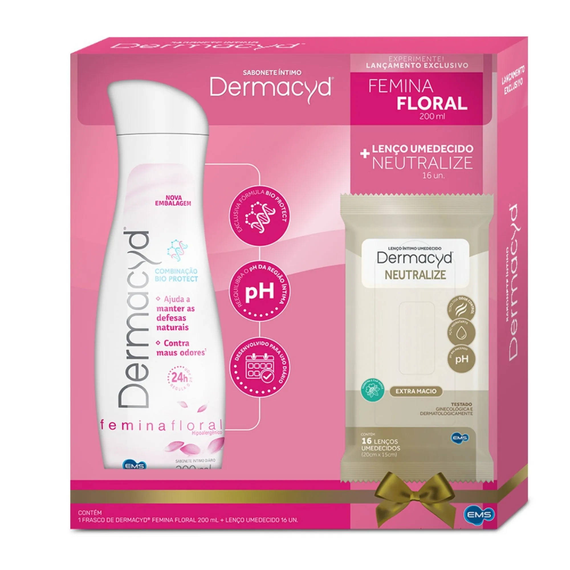 Kit Dermacyd Sabonete Intimo Femina Floral 200ml + Lenço Extra Macio16 Unidades