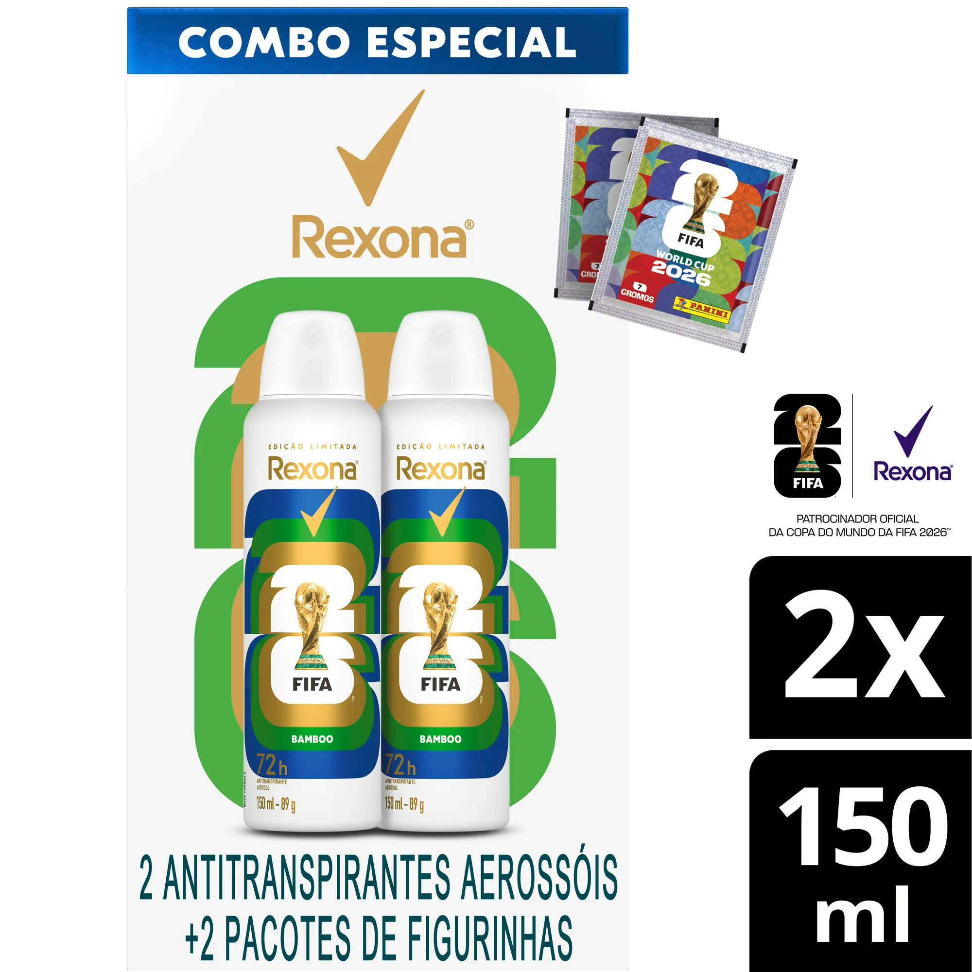 Kit Desodorante Antitranspirante Aerossol Rexona Fifa Bamboo 2 Unidades 150ml + 2 Pacotes De Figurinhas