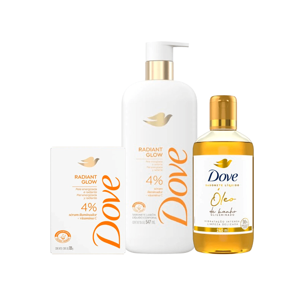 Kit Dove Banho Sabonete Barra Radiant Glow 135g + Sabonete Líquido Radiant Glow 547ml + Sabonete Líquido Óleo de Banho 240ml
