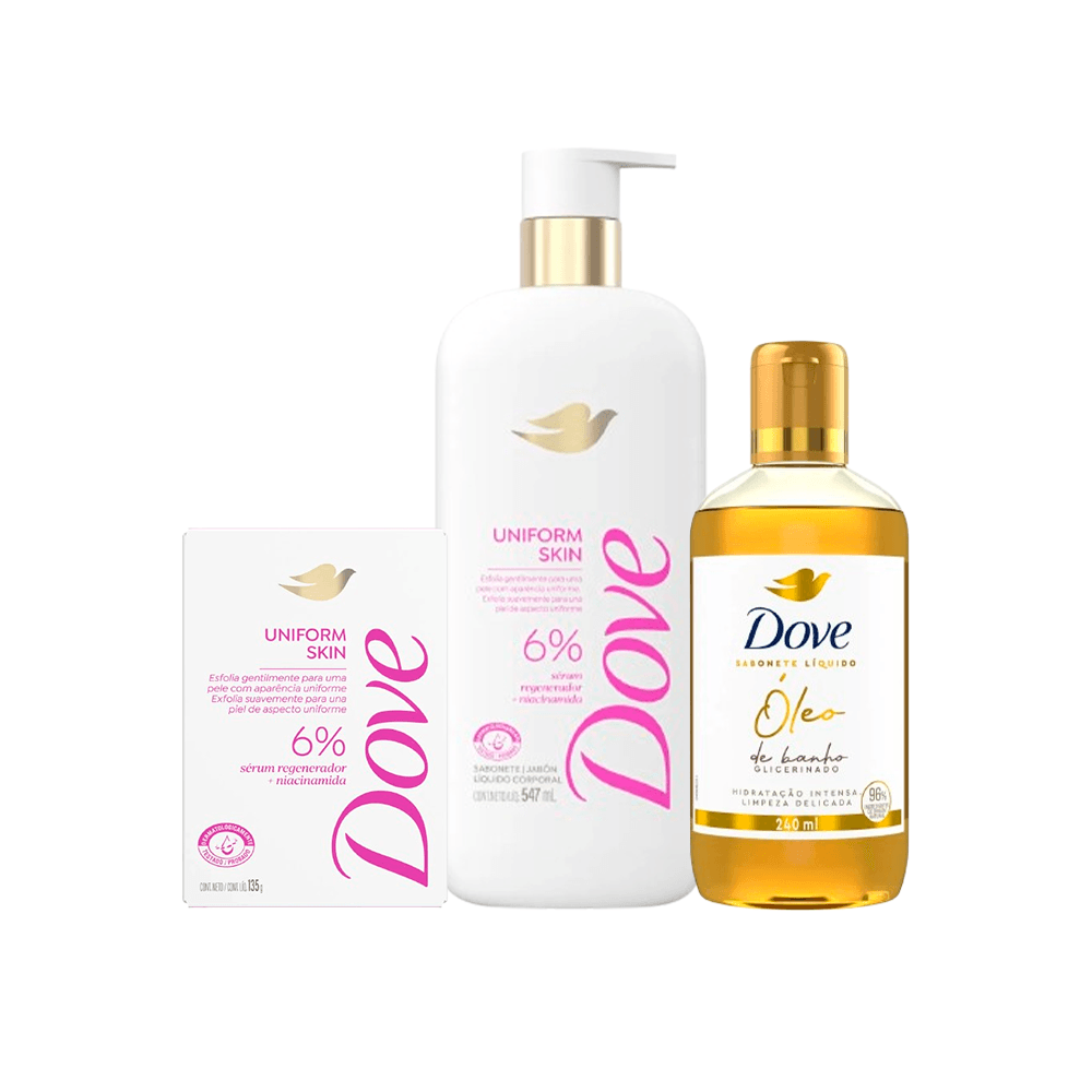 Kit Dove Banho Sabonete Barra Uniform Skin 135g + Sabonete Líquido Uniform Skin 547ml + Sabonete Líquido Óleo de Banho 240ml