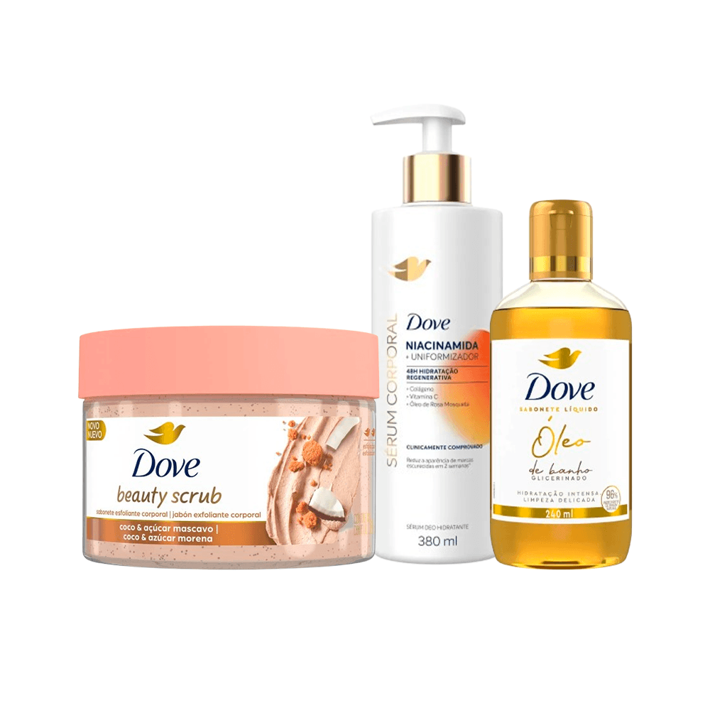Kit Dove Sabonete Esfoliante Corporal Coco Beauty Scrub 280g + Sabonete Líquido Óleo de Banho Glicerinado 240ml + Sérum Corporal 380ml