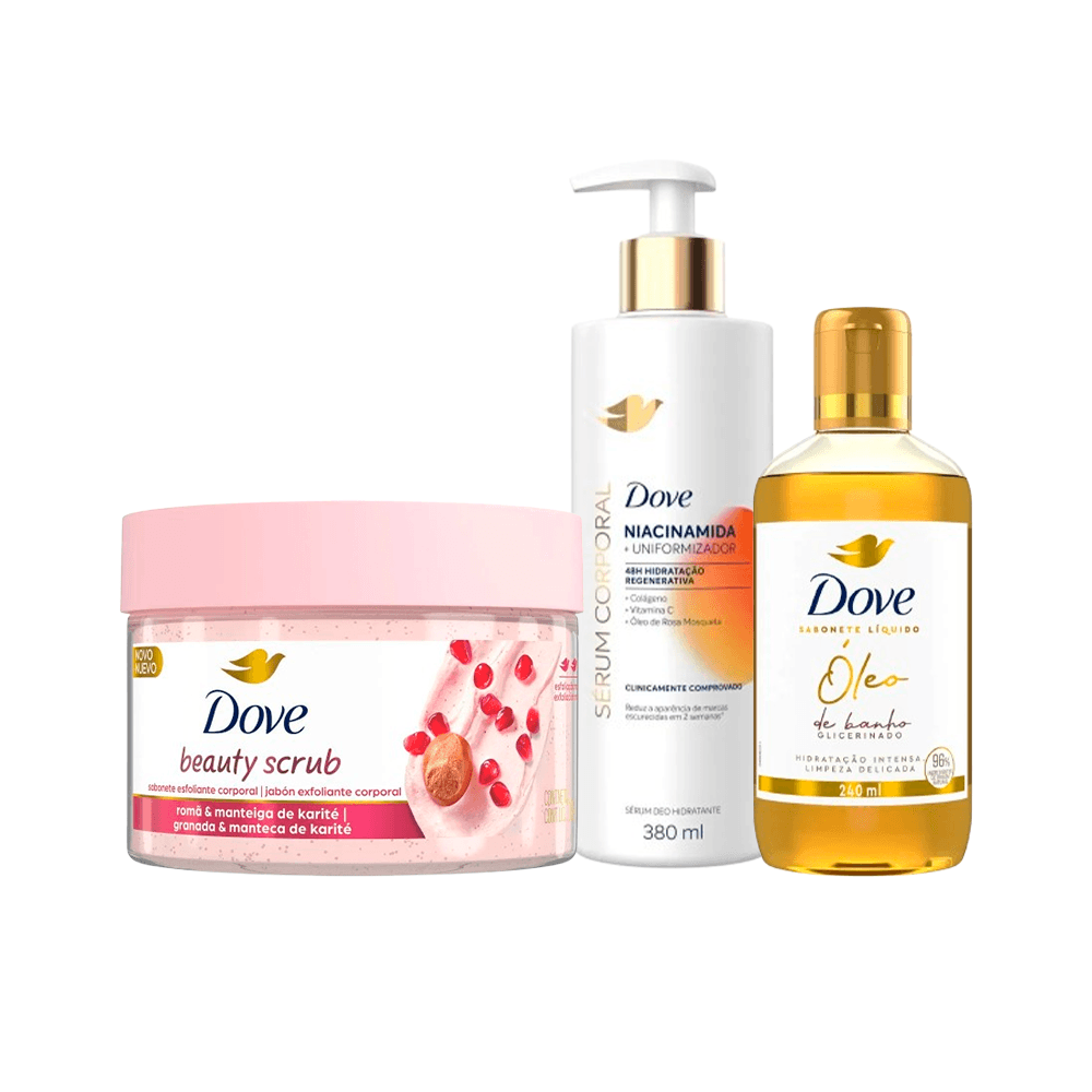 Kit Dove Sabonete Esfoliante Corporal Romã 280g + Sabonete Líquido Óleo de Banho Glicerinado 240ml + Sérum Corporal Uniformizador 380ml