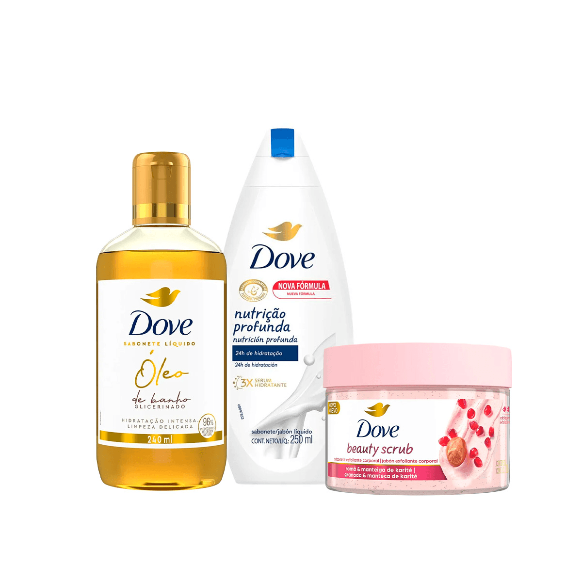 Kit Dove Sabonete Líquido 250ml + Sabonete Esfoliante Corporal Romã 280g + Sabonete Líquido Óleo de Banho Glicerinado 240ml