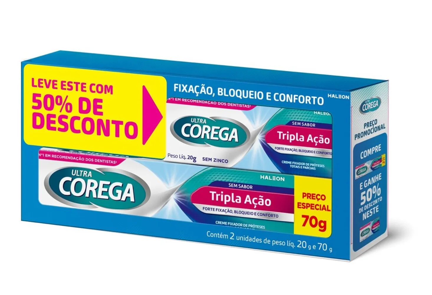 Kit Fixador De Dentadura Ultra Corega Sem Sabor Tripla Ação 70g + 20g Grátis 50% De Desconto No De 20g