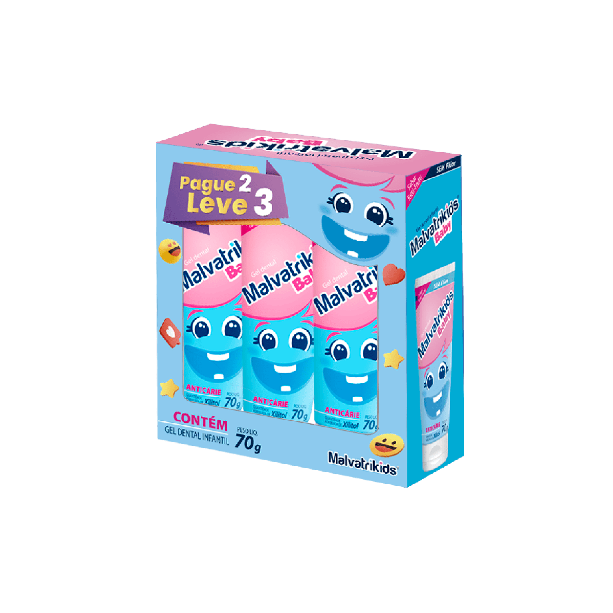 Kit Gel Dental Infantil Malvatrikids Baby Anticáries 70g 3 Unidades Leve 3 Pague 2
