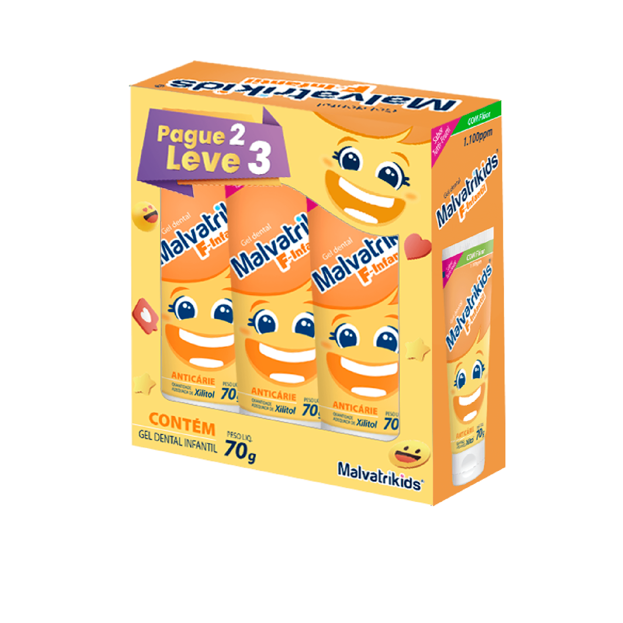 Kit Gel Dental Infantil Malvatrikids F-Infantil Anticáries Sabor Tutti Frutti 70g 3 Unidades Leve 3 Pague 2
