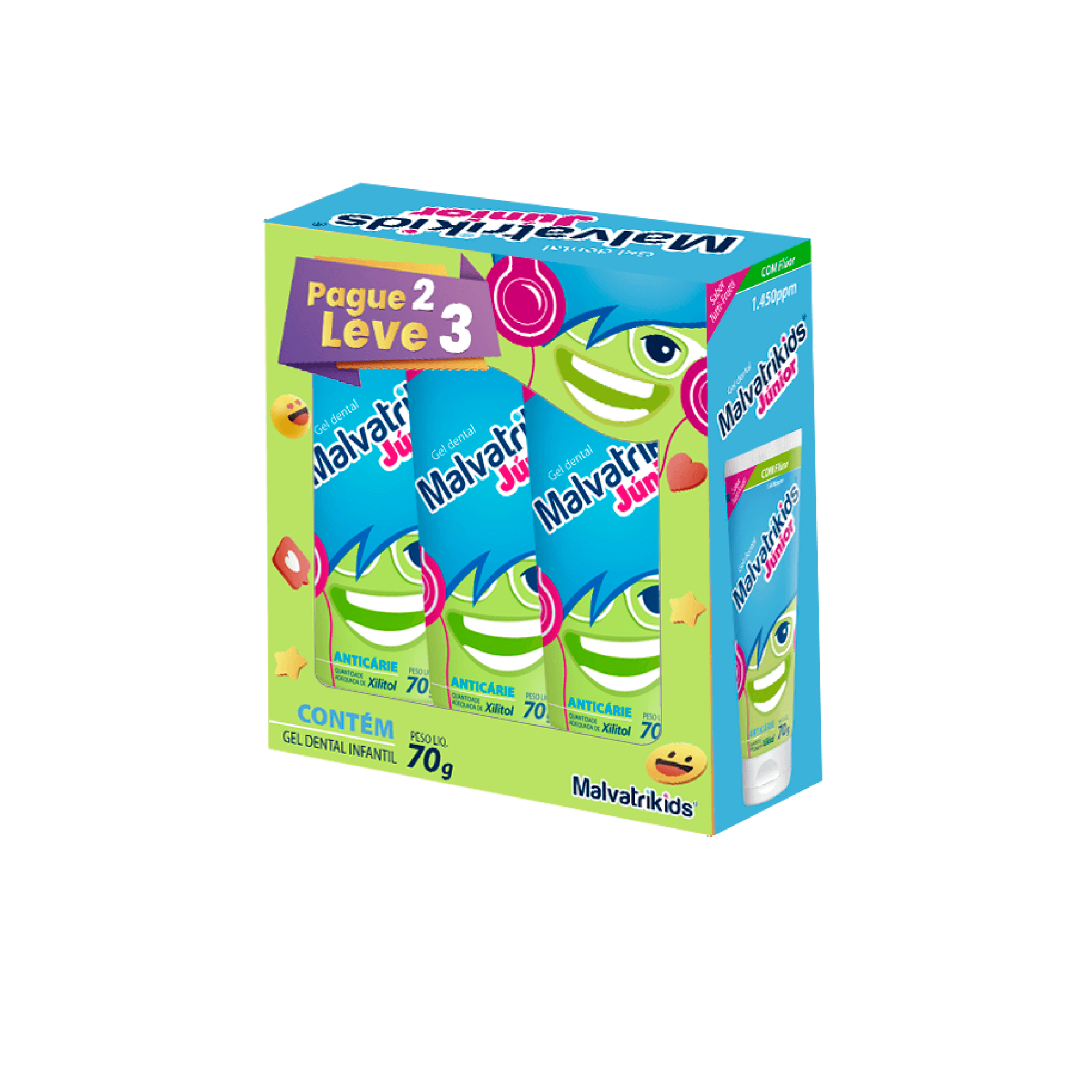 Kit Gel Dental Infantil Malvatrikids Júnior Anticáries +7 anos 70g 3 Unidades Leve 3 Pague 2