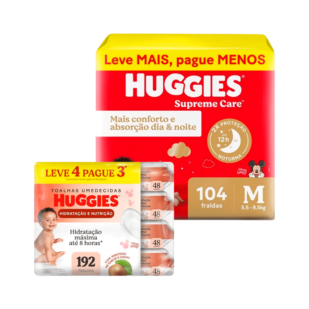Kit Huggies Fralda Supreme Care M 104un + Lenço Umedecido Hidratação e Nutrição 192un