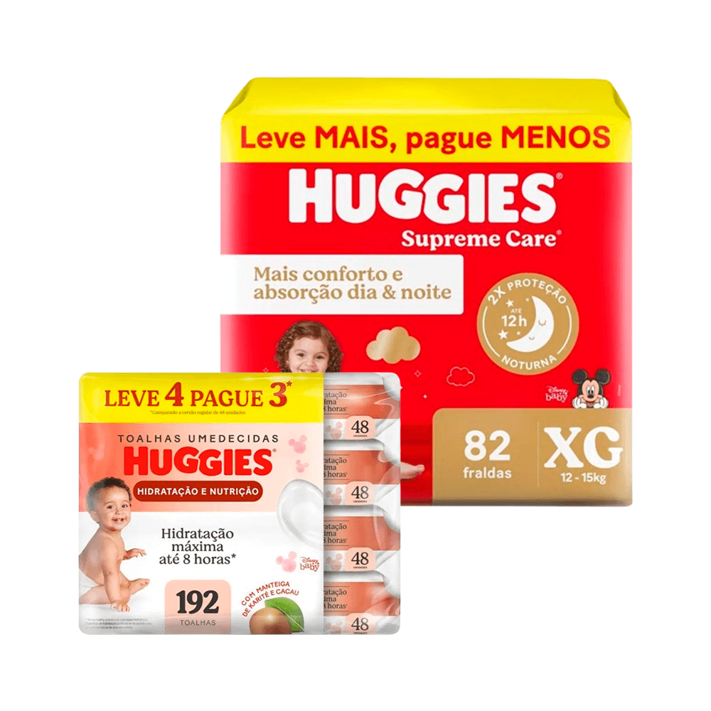 Kit Huggies Fralda Supreme Care XG 82un + Lenço Umedecido Hidratação e Nutrição 192un