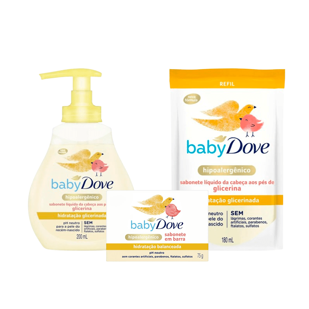 Kit Infantil Dove Hidratação Glicerinada Sabonete Líquido 200ml + Refil Sabonete Líquido 180ml + Sabonete em Barra 75g