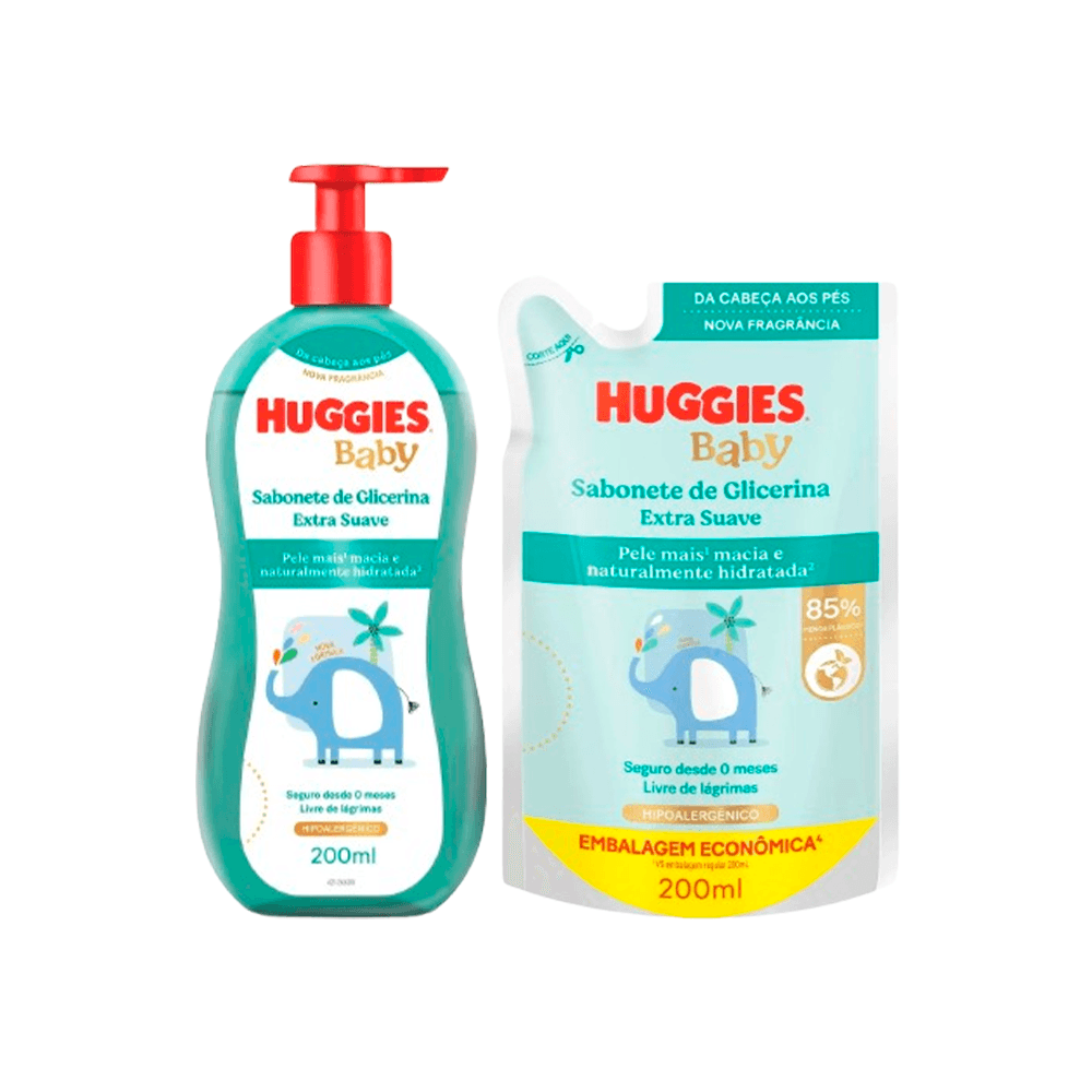 Kit Infantil Huggies Sabonete Liquido Extra Suave 200ml + Refil Sabonete Liquido 200ml
