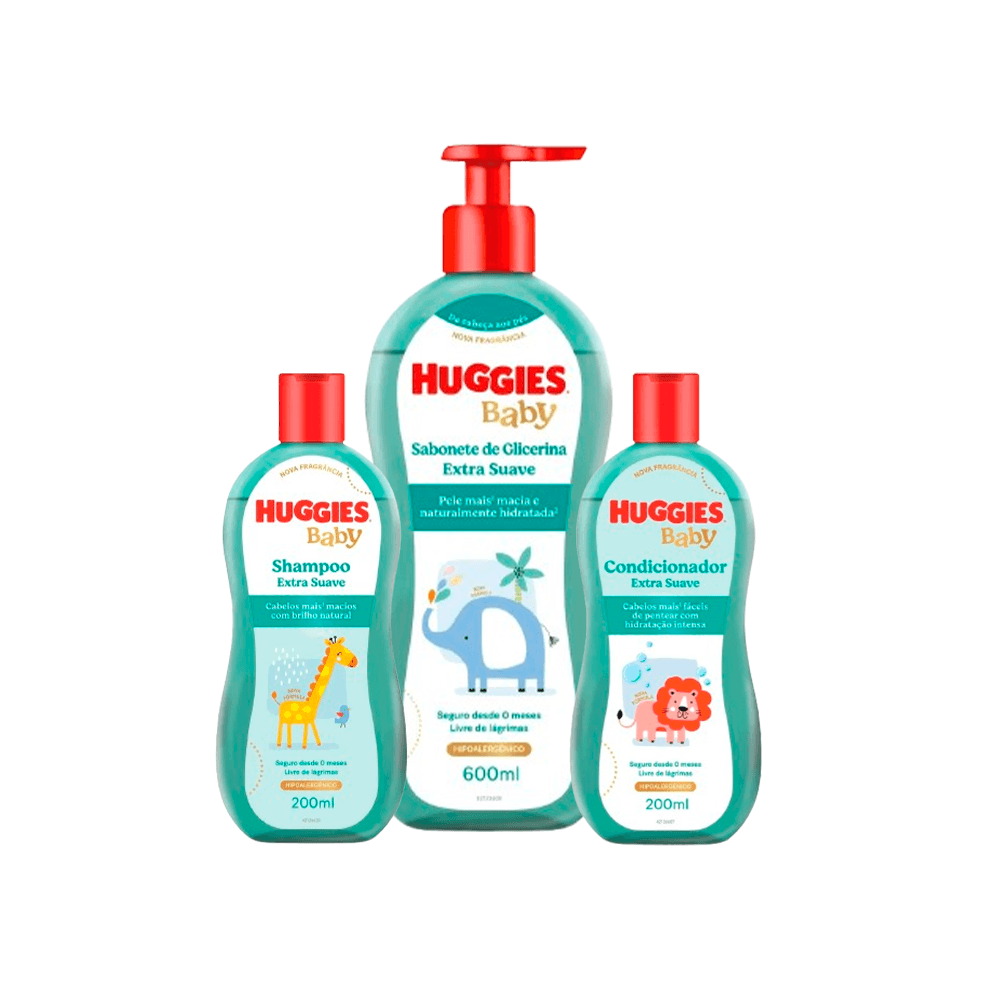 Kit Infantil Huggies Sabonete Liquido Extra Suave 600ml + Shampoo 200ml + Condicionador 200ml