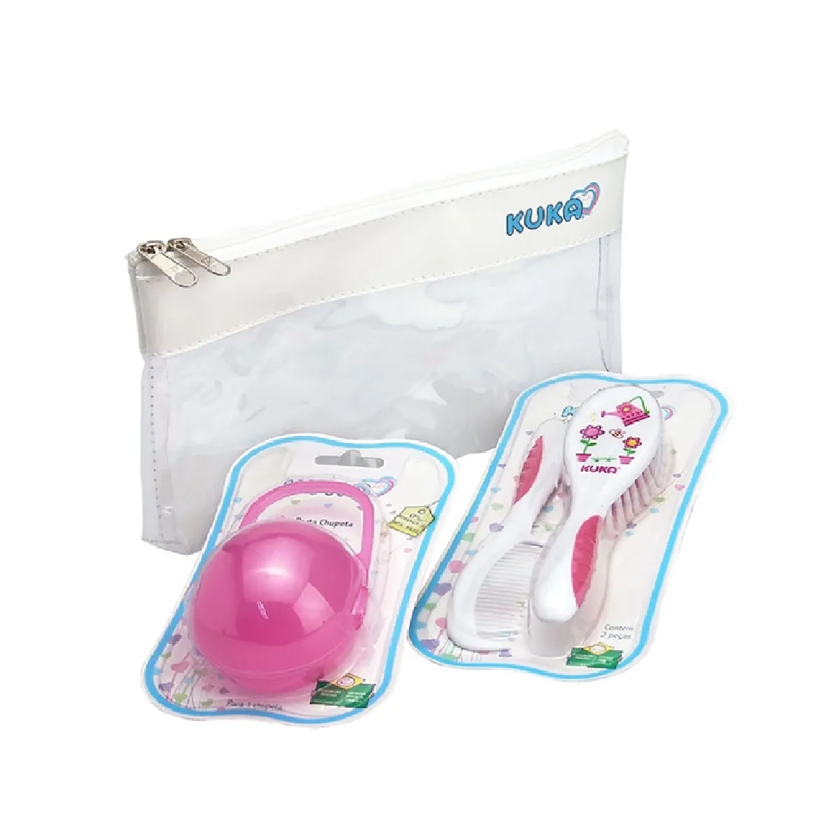 Kit Kuka Menina Escova de Cabelo Rosa 1 Uni + Pente de Cabelo Rosa 1 Uni + Porta Chupeta Rosa 1 Uni + Grátis Necessaire