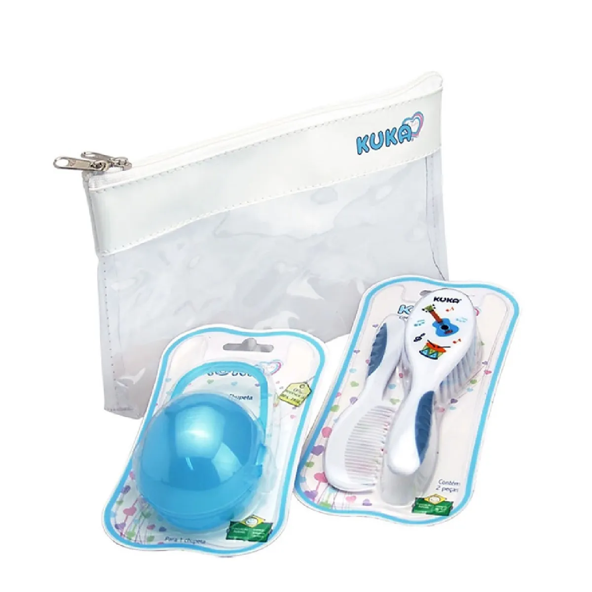Kit Kuka Menino Escova de Cabelo Azul 1 Unidade + Pente de Cabelo Azul 1 Unidade + Porta Chupeta Azul 1 Unidade + Grátis Necessaire