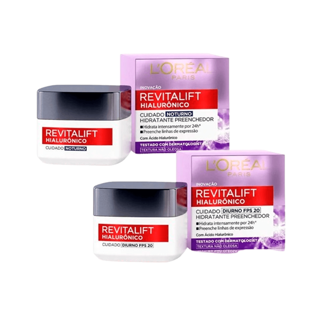 Kit L'Oréal Paris Creme Facial Anti-idade Revitalift Hialurônico Noturno FPS 20 49g + Diurno FPS 20 49g