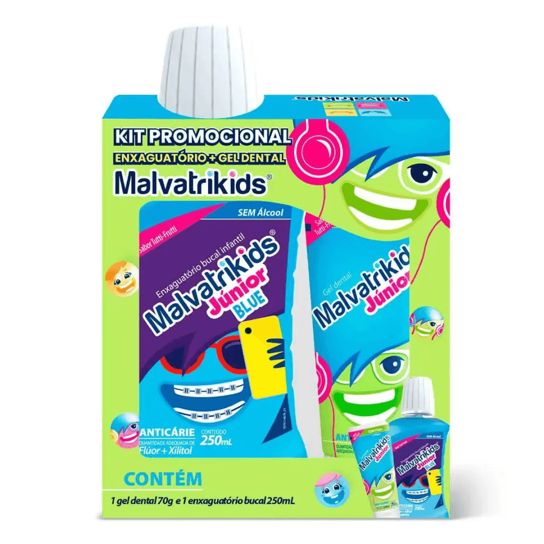 Kit Malvatrikids Enxaguante Bucal Infantil Júnior Blue 250ml + Gel Dental Infantil Júnior Anticárie 70g