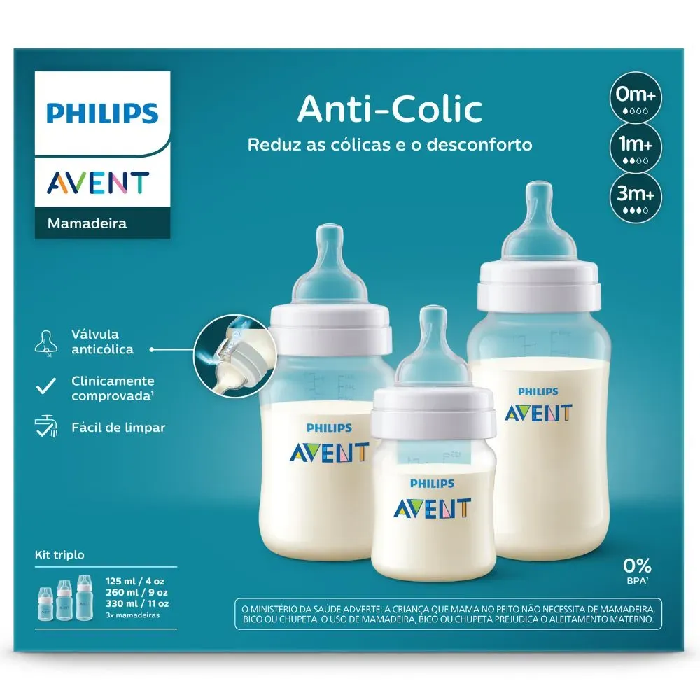 Kit Mamadeiras Philips Avent Anti-Colic 125ml, 260ml e 330ml 3 Unidades