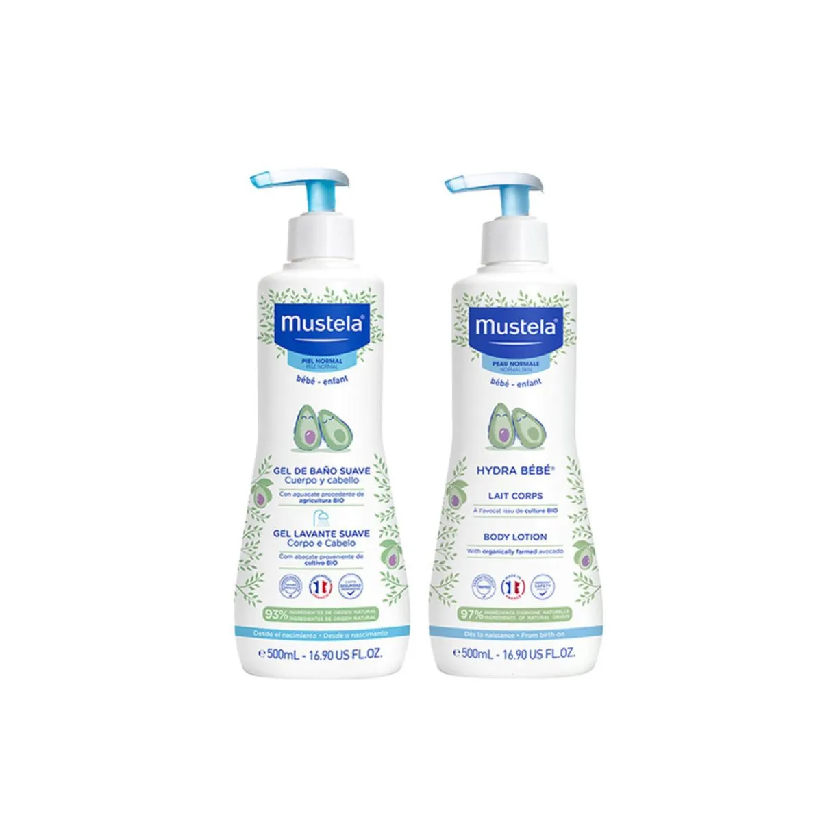 Kit Mustala Gel Lavante Bebê Suave com Abacate Orgânico 500ml + Loção Hidratante Hydra Bébé Bebê Pele Normal 500ml