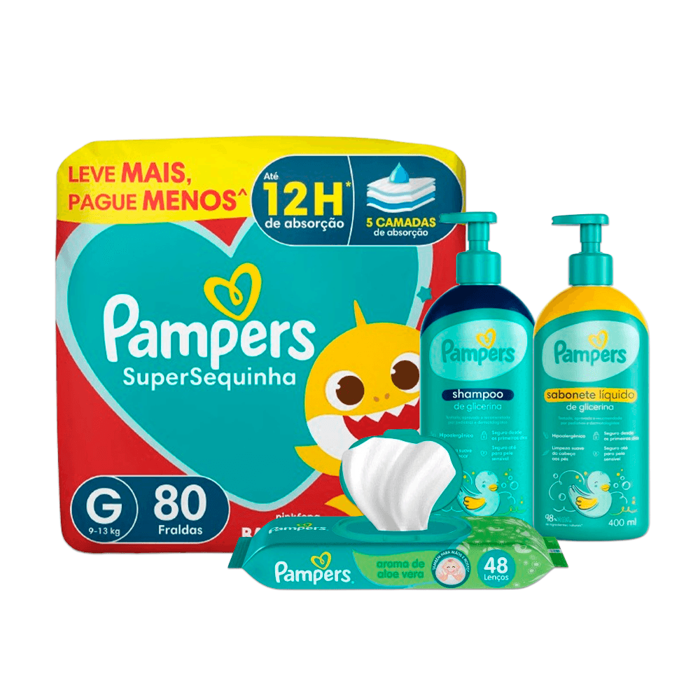 Kit Pampers Fralda Super Sequinha G 80 Unidades + Shampoo Infantil Glicerina 400ml + Lenços Umedecidos 48 Unidades + Sabonete Líquido Glicerina 400ml
