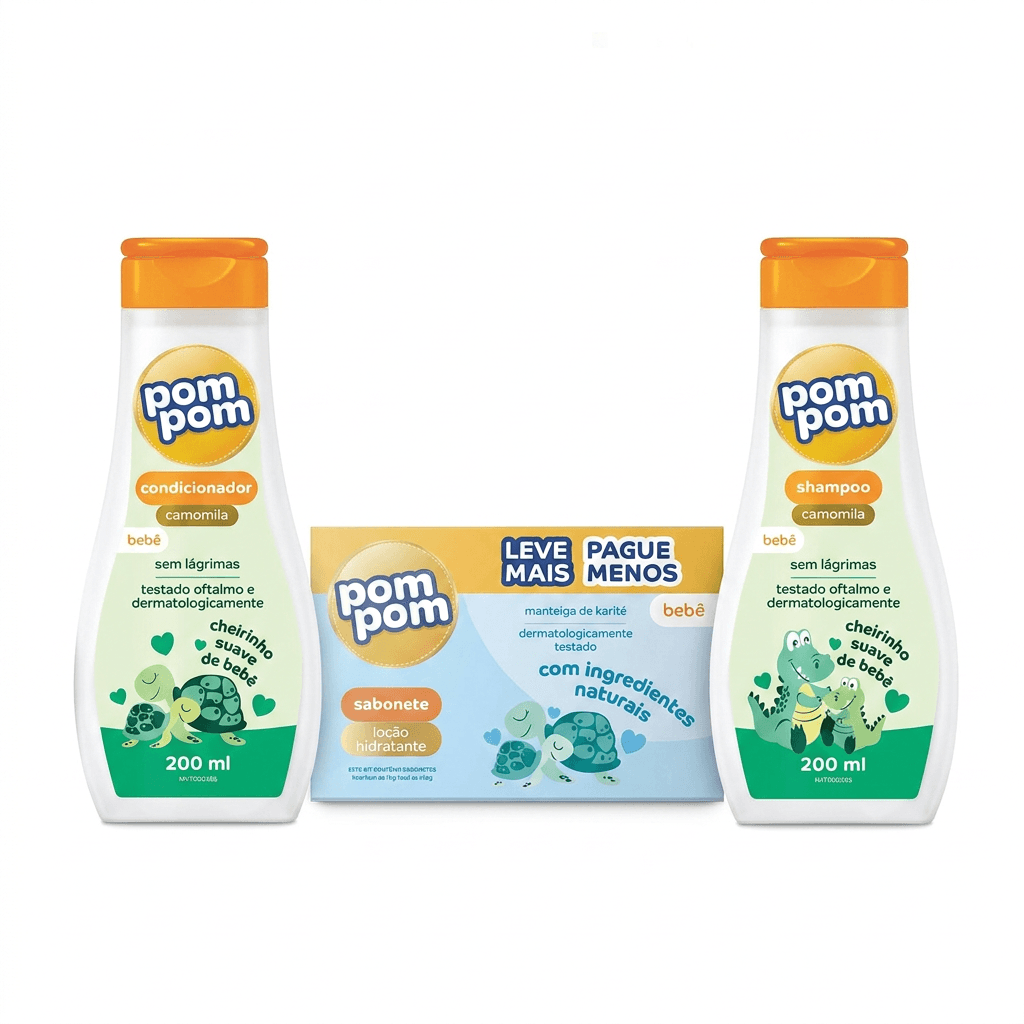 Kit Pom Pom Banho Camomila Shampoo 200ml + Condicionador 200ml + 5 Unidades Sabonete em Barra 70g