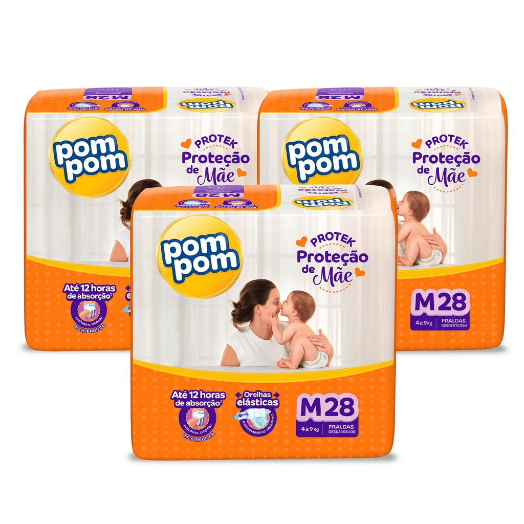 Kit Pom Pom Protek Proteção de Mãe Fralda Descartável M 3 Pacotes 28 Uni Cada