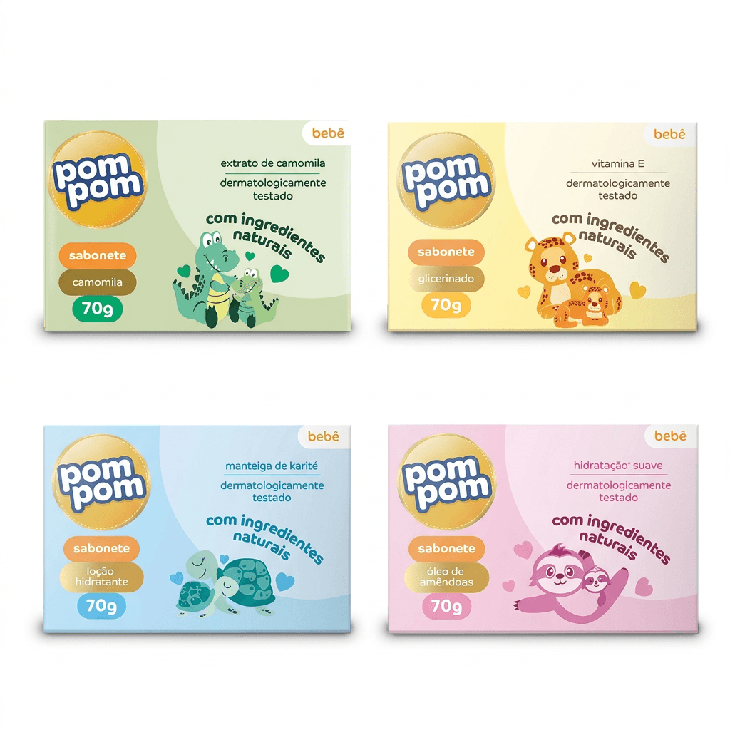 Kit Pom Pom Softy Banho do Bebê Sabonete Camomila 70g + Sabonete Óleo de Amêndoas 70g + Sabonete Hidratante 70g + Sabonete Glicerinado 70g