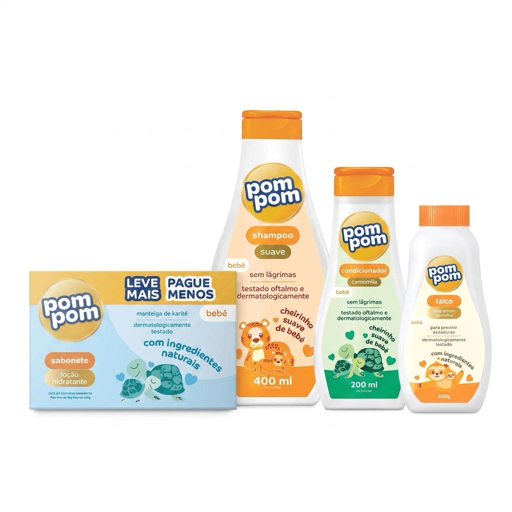 Kit Pom Pom Softy Banho Shampoo Suave 400ml + Condicionador Camomila 200ml + 5 Sabonetes 70g + Talco 200g