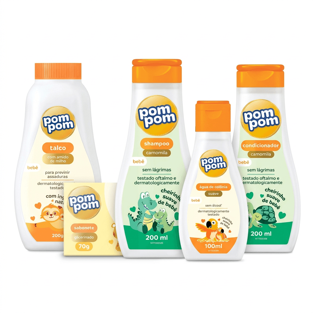Kit Pom Pom Softy Higiene Completa Shampoo 200ml + Condicionador 200ml + Sabonete 70g + Talco 200g + Água de Colônia 100ml