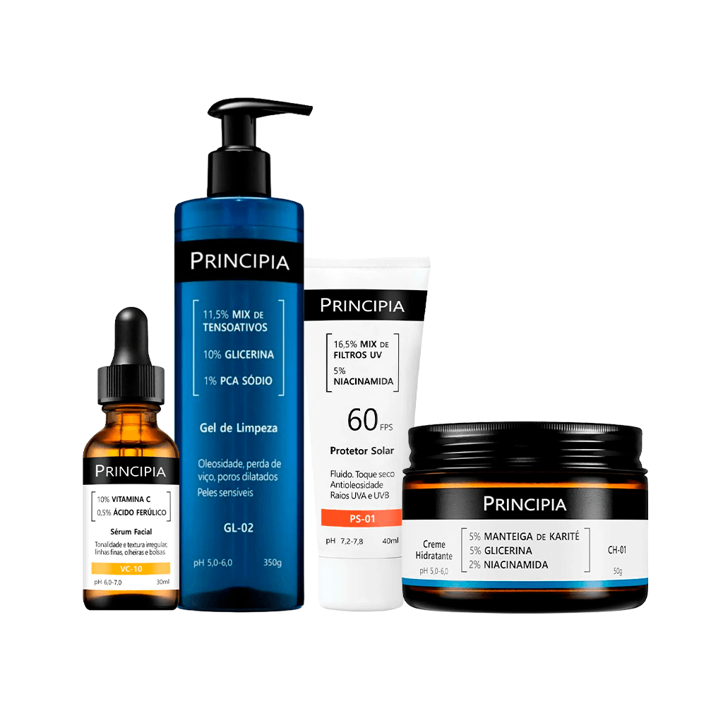 Kit Principia Creme Hidratante 50g + Sérum Facial 30ml + Gel de Limpeza Facial 350g + Protetor Solar FPS60 40ml